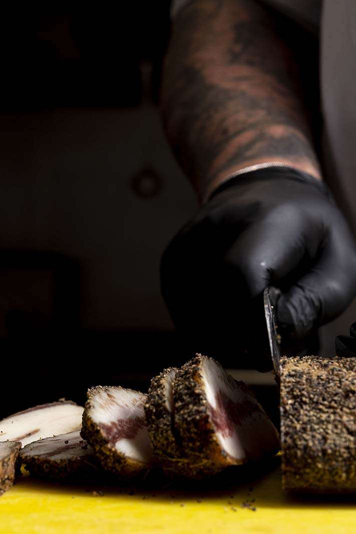 hand-cut guanciale hand-cut guanciale (cheek lard - a more savory version of classic bacon)